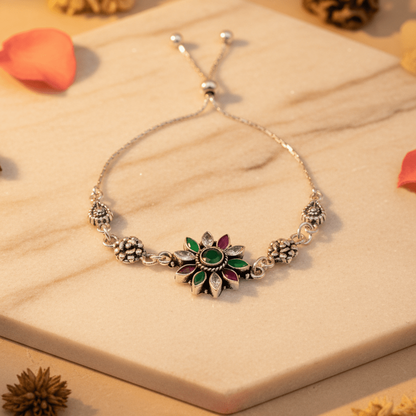 Nandini Floral Sunburst Slider Bracelet - Zirak Silver