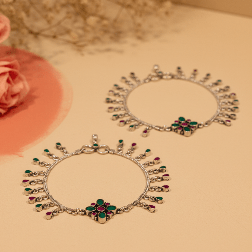 Nandini Oxidized Fringe Anklets - Zirak Silver