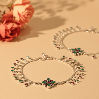 Nandini Oxidized Fringe Anklets - Zirak Silver