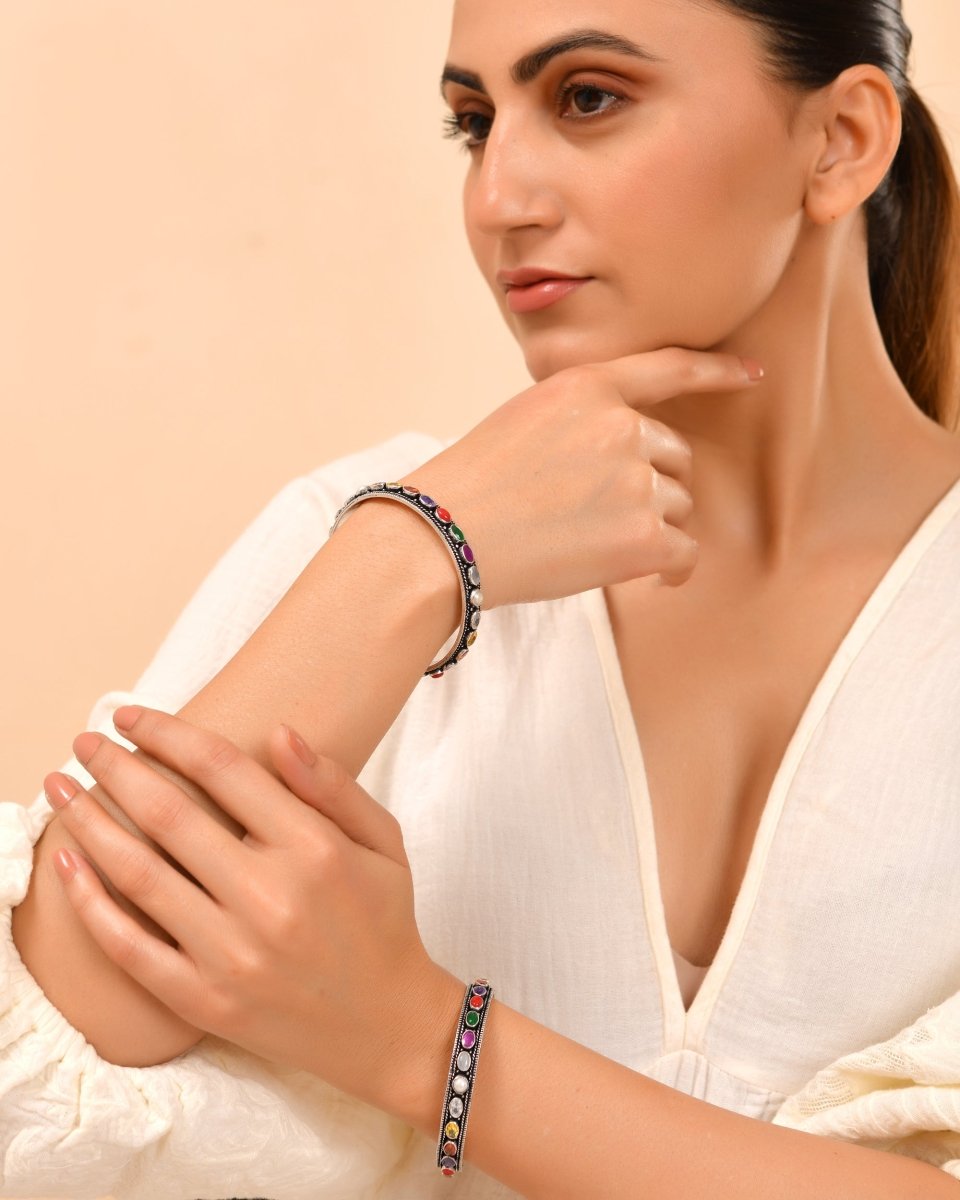 Navya Multi - Stone Oxidized Bangles - Zirak Silver