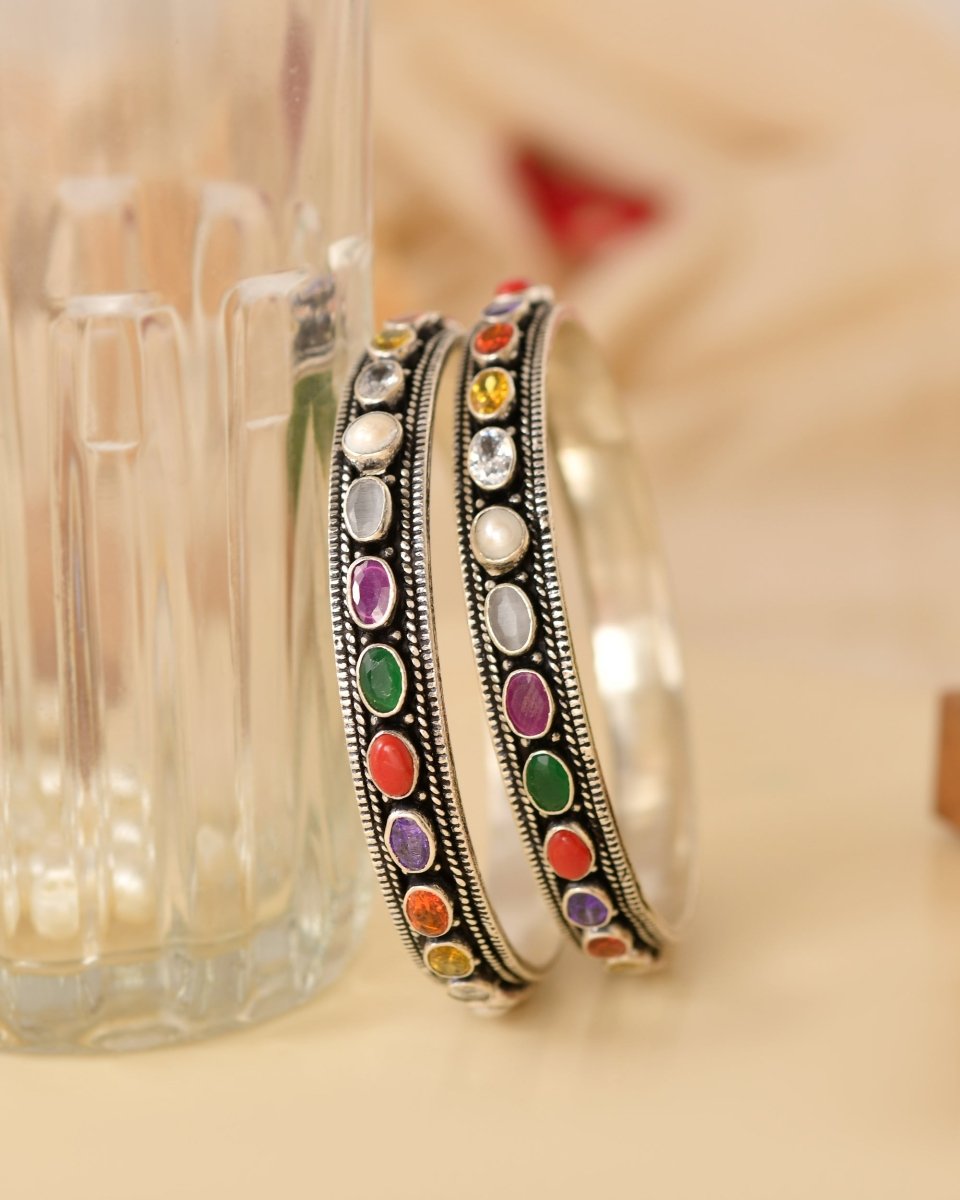 Navya Multi - Stone Oxidized Bangles - Zirak Silver