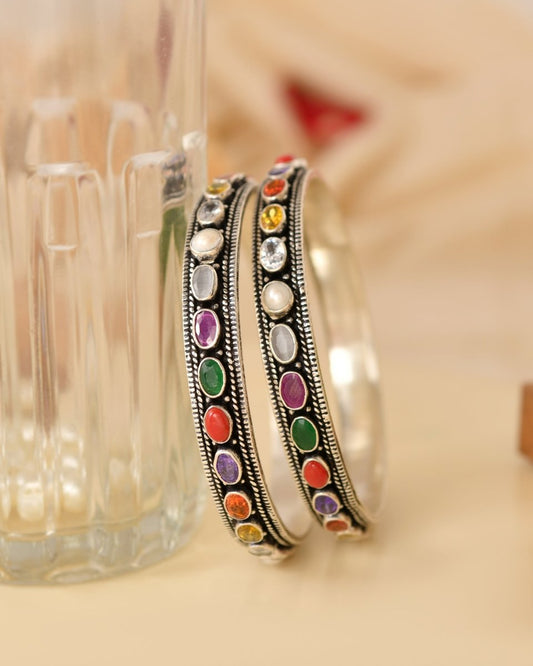 Navya Multi - Stone Oxidized Bangles - Zirak Silver