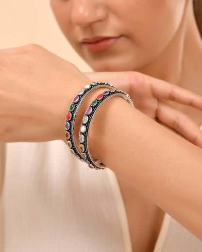 Navya Multi - Stone Oxidized Bangles - Zirak Silver