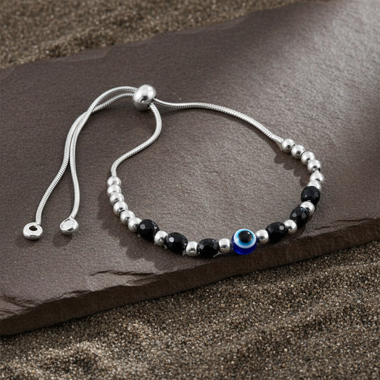 Nazaria Bracelet – 925 Silver Evil Eye Bracelet with 6 Black Beads - Zirak Silver