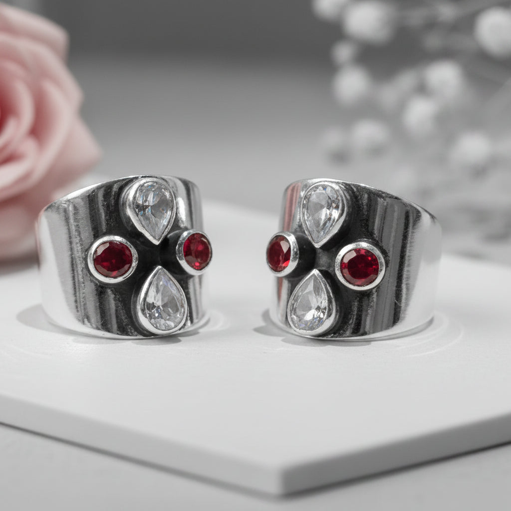 Neha Red & Clear Floral Wide Toe Rings (Large) - Zirak Silver