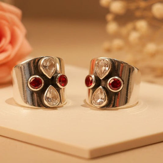 Neha Red & Clear Floral Wide Toe Rings (Large) - Zirak Silver