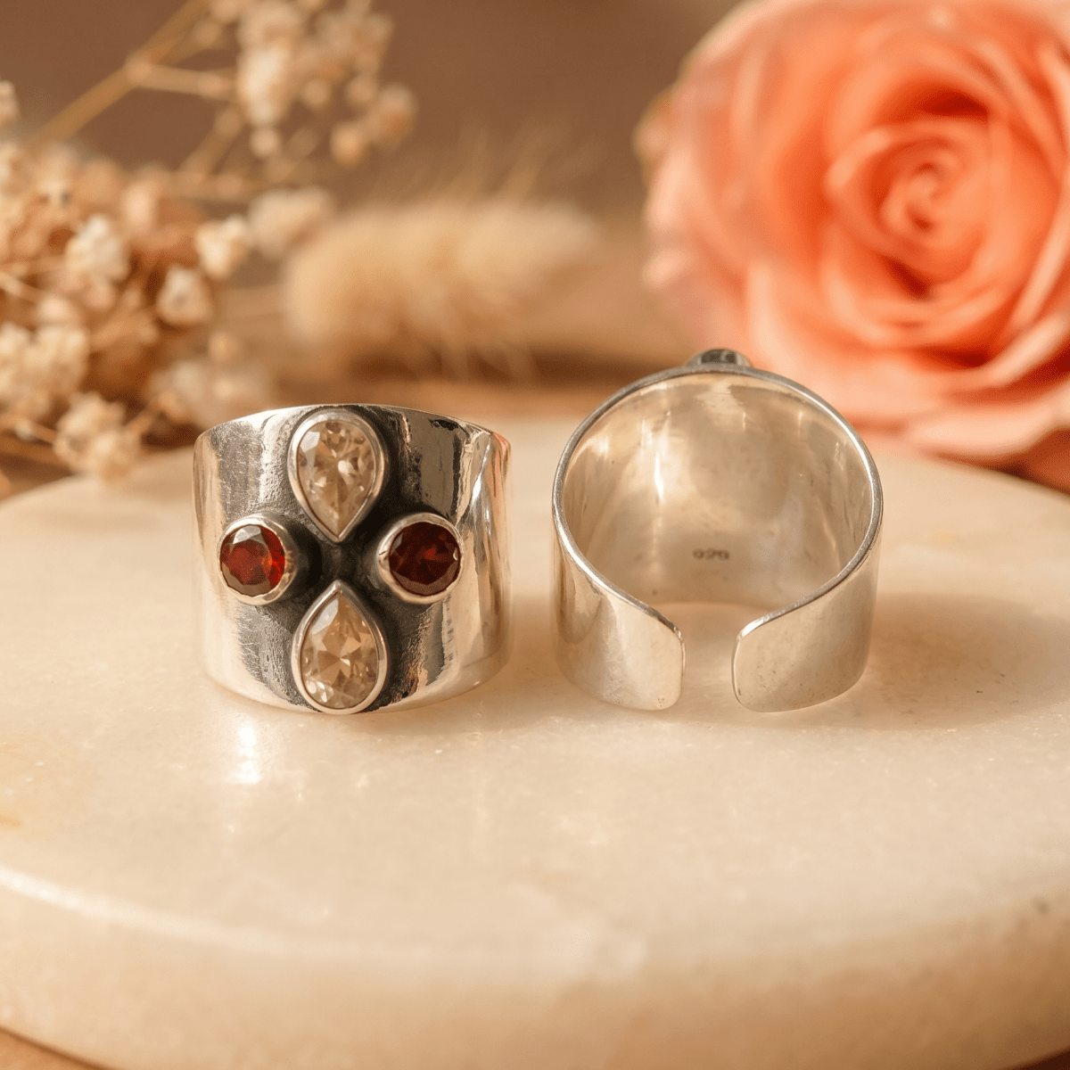 Neha Red & Clear Floral Wide Toe Rings (Large) - Zirak Silver