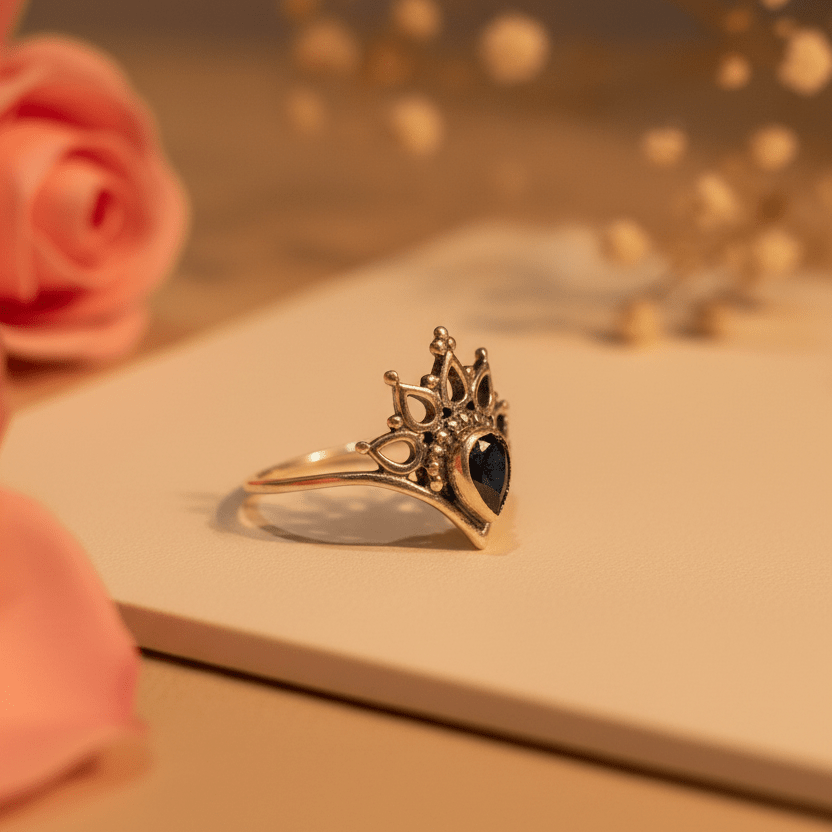 Nisha Black Teardrop Crown Ring - Zirak Silver