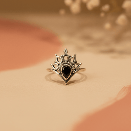 Nisha Black Teardrop Crown Ring - Zirak Silver
