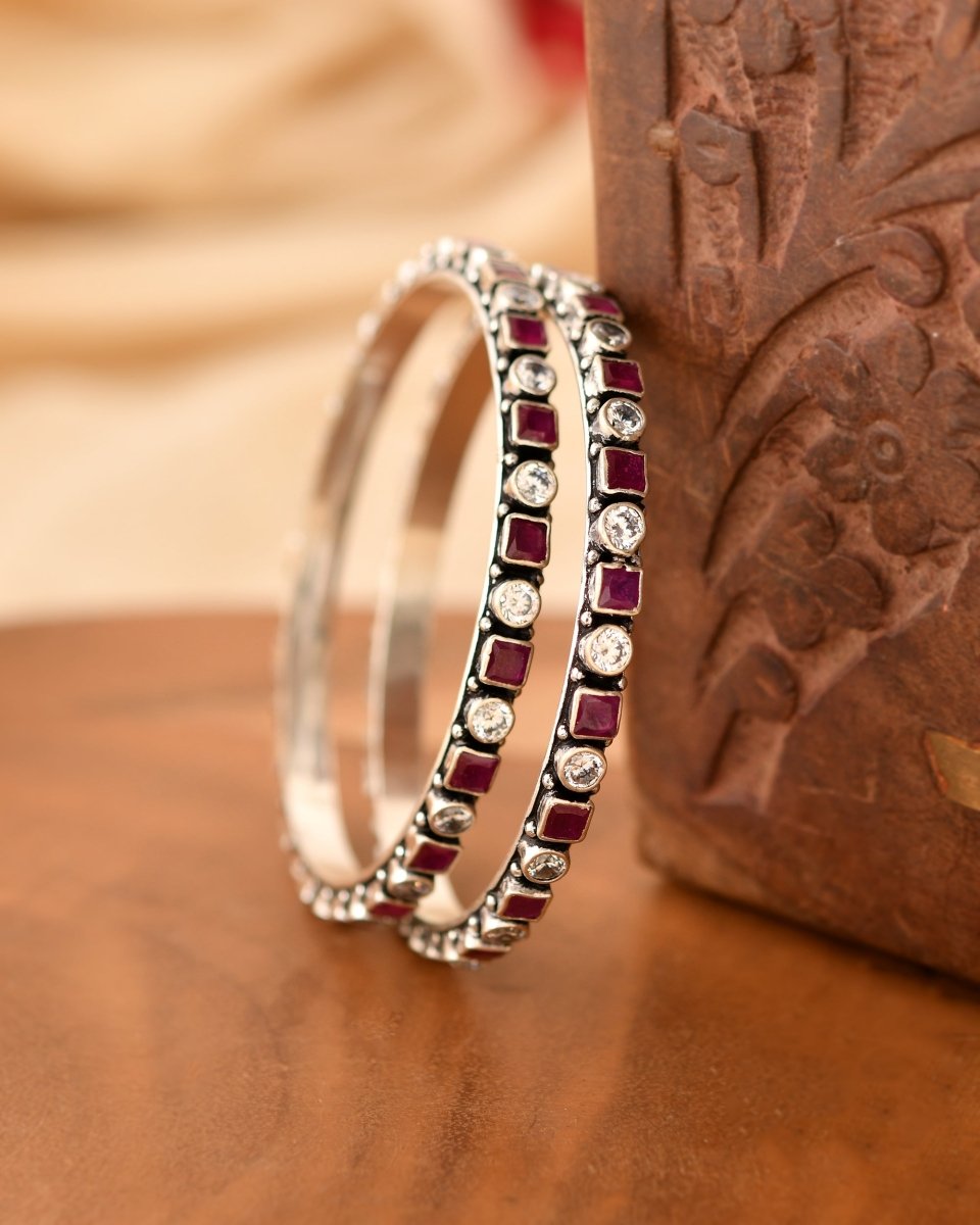 Nitya Square & Round Stone Bangles - Zirak Silver