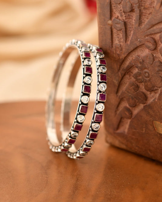 Nitya Square & Round Stone Bangles - Zirak Silver