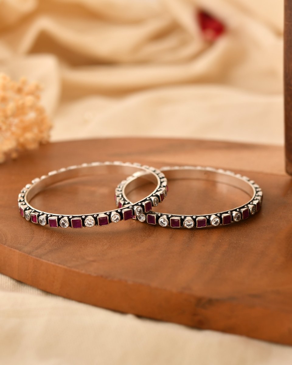 Nitya Square & Round Stone Bangles - Zirak Silver
