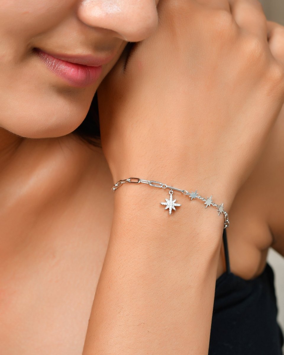 North - Star Paperclip Sterling - Silver Bracelet | CZ Pavé Constellation Charms - Zirak Silver