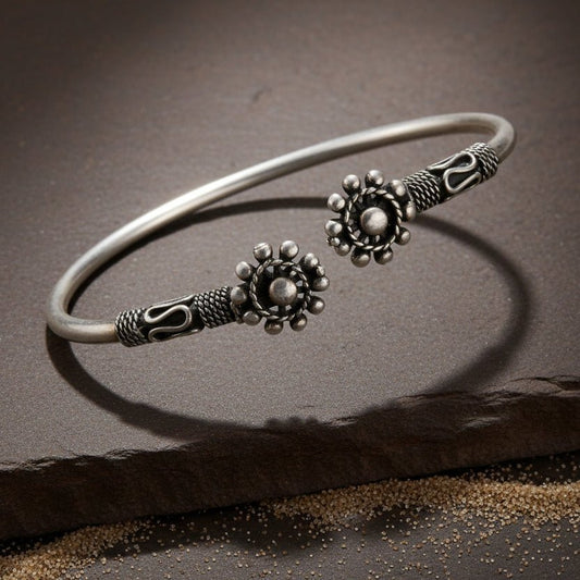 Oxidised 925 Silver Tribal Sun Motif Open Cuff Bangle - Zirak Silver