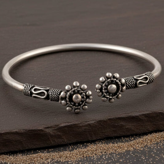 Oxidised 925 Silver Tribal Sun Motif Open Cuff Bangle - Zirak Silver