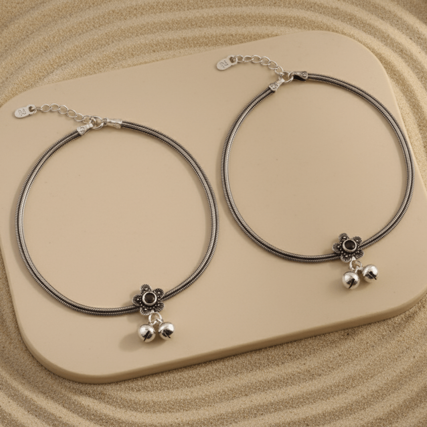 Oxidized 925 Silver Floral Anklet with Black Stone & Ghungroo Charms - Zirak Silver