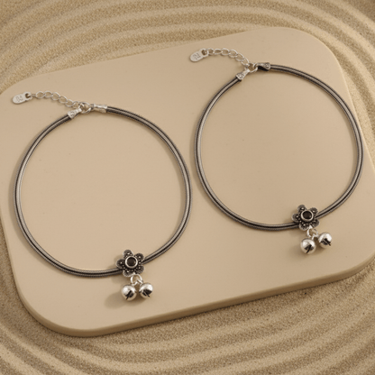 Oxidized 925 Silver Floral Anklet with Black Stone & Ghungroo Charms - Zirak Silver