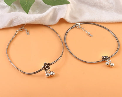 Oxidized 925 Silver Floral Anklet with Black Stone & Ghungroo Charms - Zirak Silver