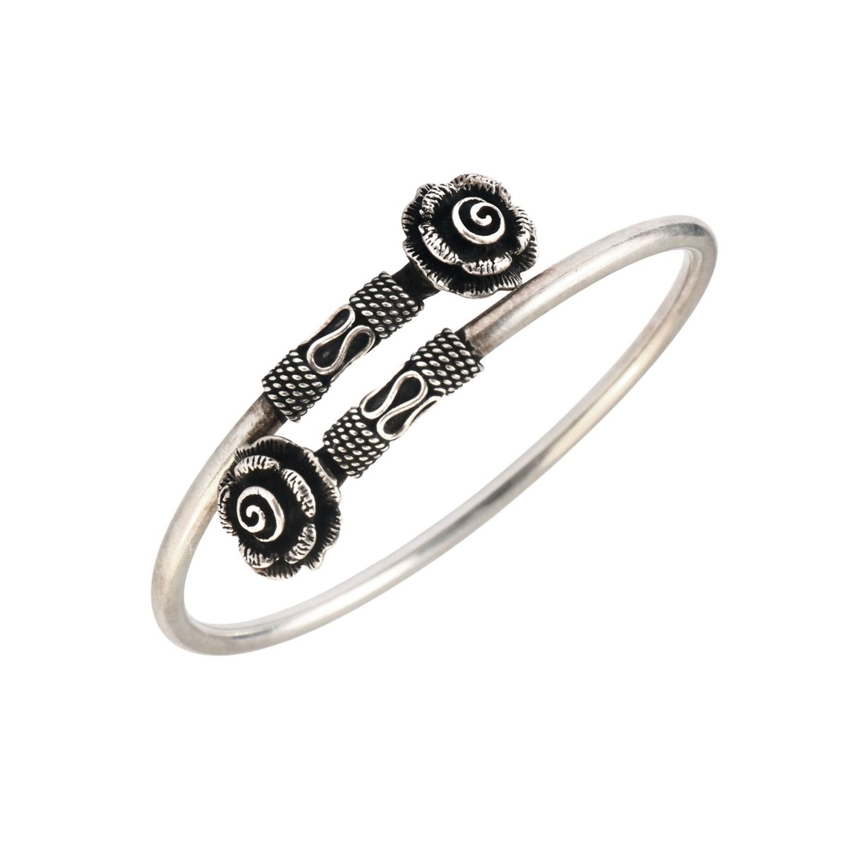 Oxidized 925 Silver Rose Motif Open Cuff Bracelet - Zirak Silver