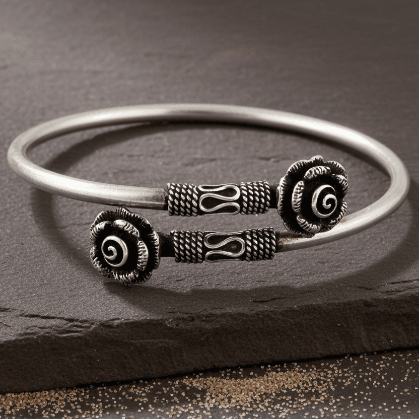 Oxidized 925 Silver Rose Motif Open Cuff Bracelet - Zirak Silver