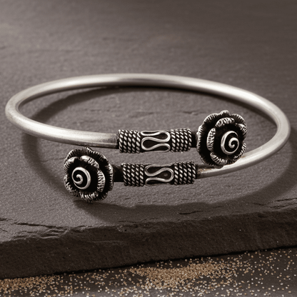 Oxidized 925 Silver Rose Motif Open Cuff Bracelet - Zirak Silver