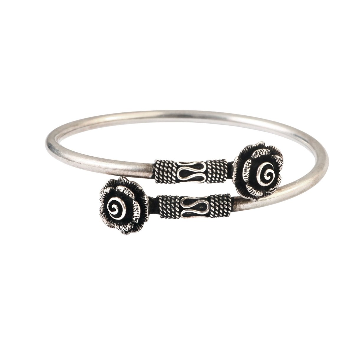 Oxidized 925 Silver Rose Motif Open Cuff Bracelet - Zirak Silver