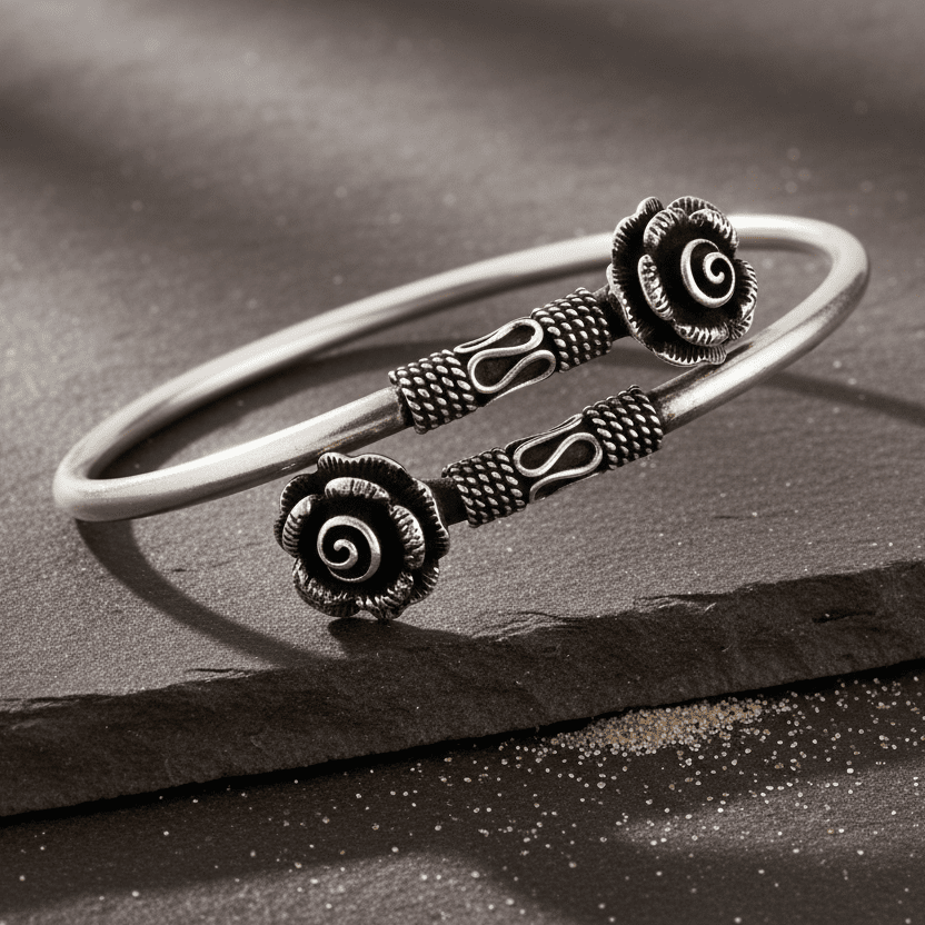 Oxidized 925 Silver Rose Motif Open Cuff Bracelet - Zirak Silver