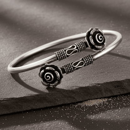 Oxidized 925 Silver Rose Motif Open Cuff Bracelet - Zirak Silver
