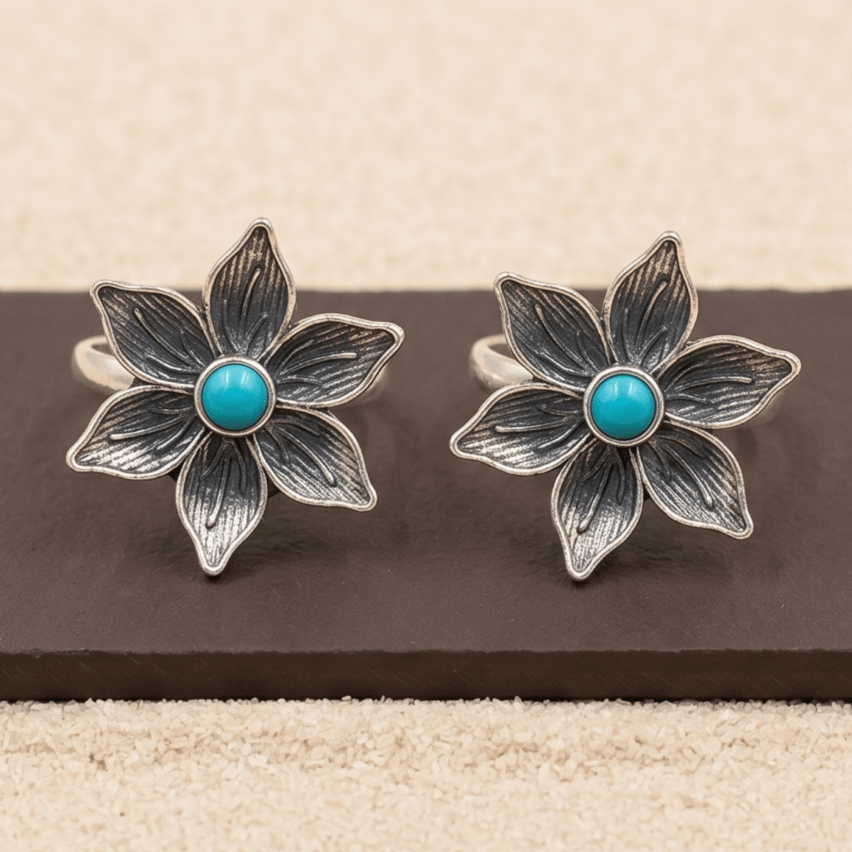 Oxidized Silver Floral Toe Ring with Turquoise Stone - Zirak Silver