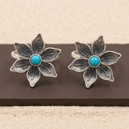 Oxidized Silver Floral Toe Ring with Turquoise Stone - Zirak Silver