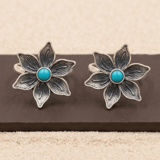 Oxidized Silver Floral Toe Ring with Turquoise Stone - Zirak Silver