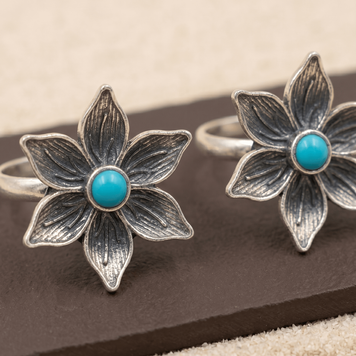 Oxidized Silver Floral Toe Ring with Turquoise Stone - Zirak Silver