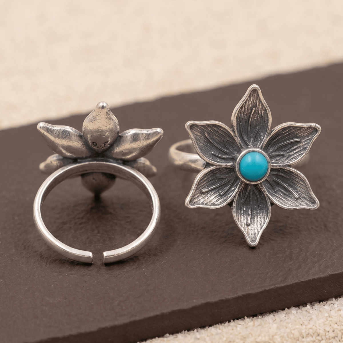 Oxidized Silver Floral Toe Ring with Turquoise Stone - Zirak Silver