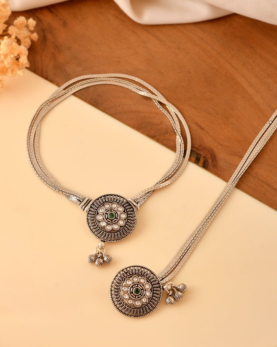 Oxidized Silver Kundan Medallion Anklet - Zirak Silver