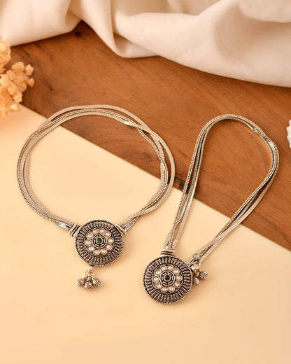 Oxidized Silver Kundan Medallion Anklet - Zirak Silver