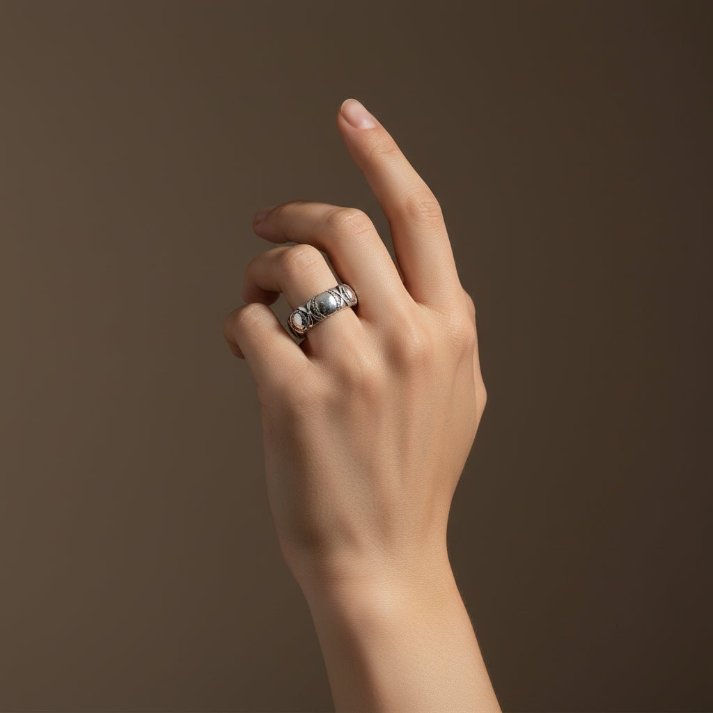 Oxidized Sterling Silver Band Ring with Tribal Pattern - Zirak Silver