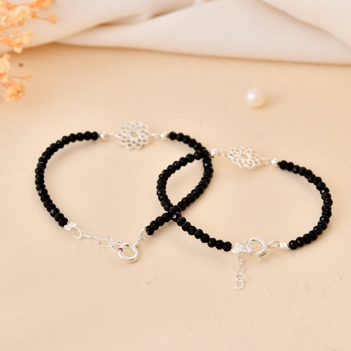 Pair of 925 Sterling Silver Lotus - Charm Black Bead Nazariya Bracelets – Adjustable Evil - Eye Protection Set - Zirak Silver