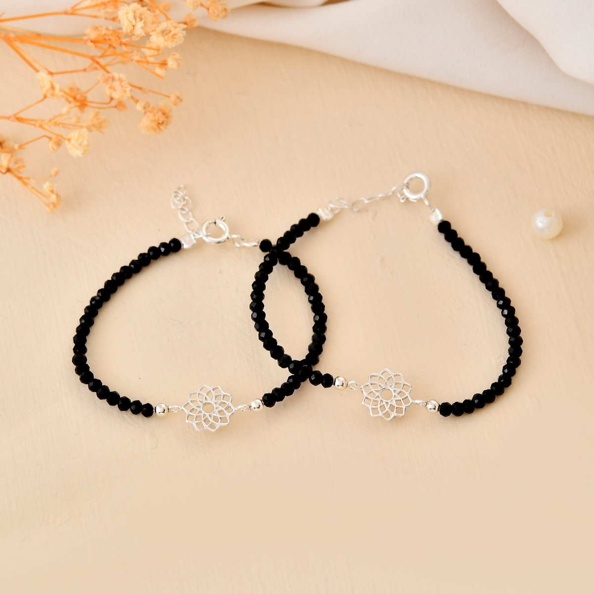 Pair of 925 Sterling Silver Lotus - Charm Black Bead Nazariya Bracelets – Adjustable Evil - Eye Protection Set - Zirak Silver