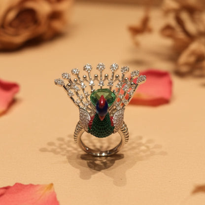 Panna Green Peacock Ring - Zirak Silver