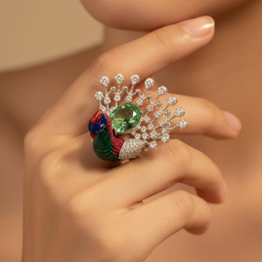 Panna Green Peacock Ring - Zirak Silver