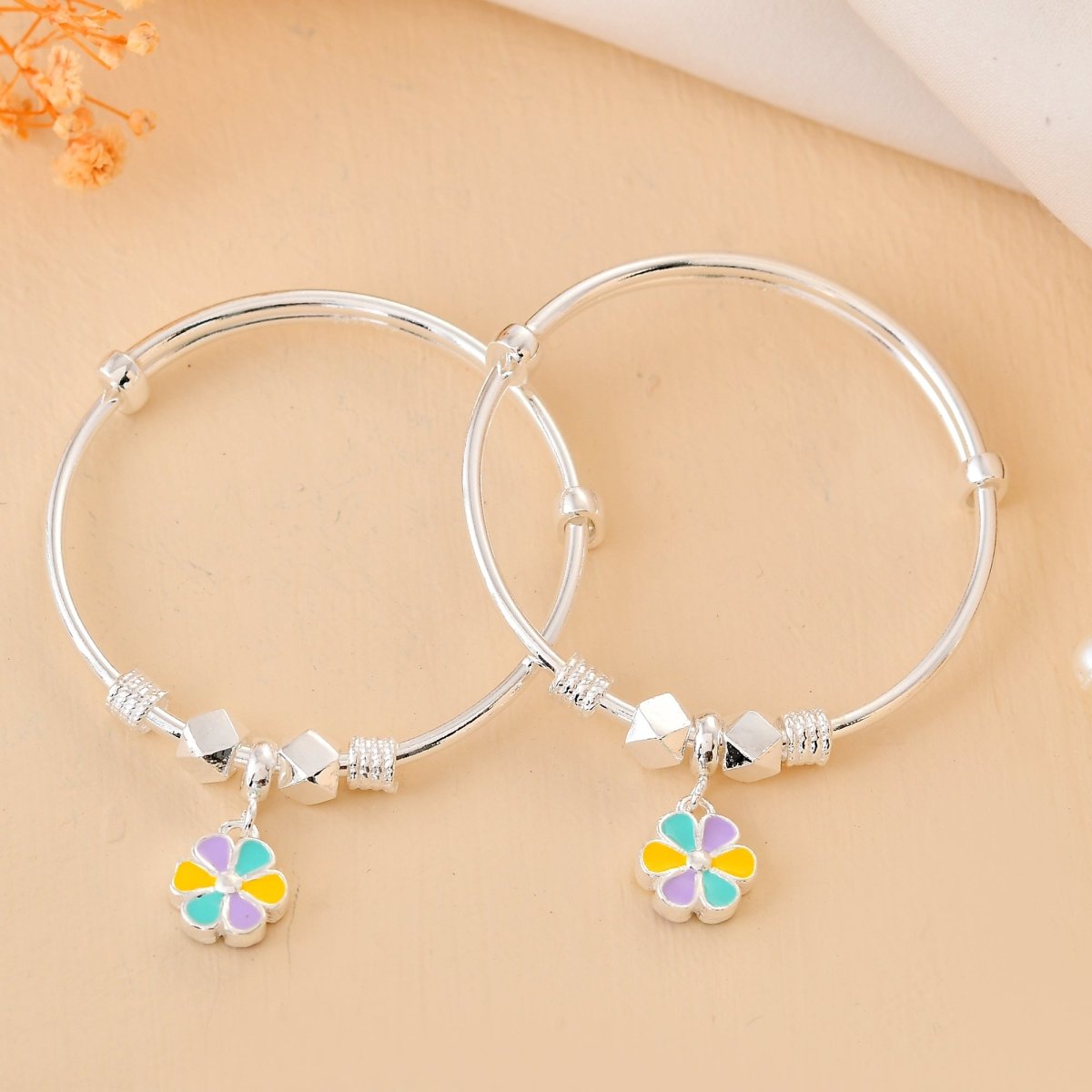 Pastel - Bloom Sterling - Silver Baby Bangle Set | Adjustable Kada with Enamel Flower Charm - Zirak Silver