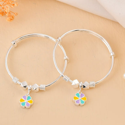 Pastel - Bloom Sterling - Silver Baby Bangle Set | Adjustable Kada with Enamel Flower Charm - Zirak Silver