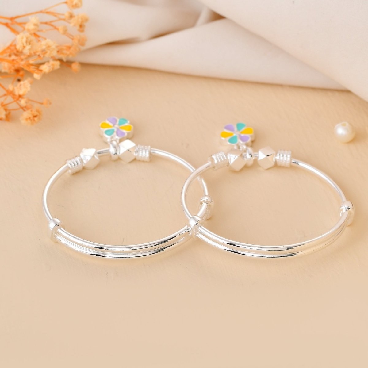 Pastel - Bloom Sterling - Silver Baby Bangle Set | Adjustable Kada with Enamel Flower Charm - Zirak Silver