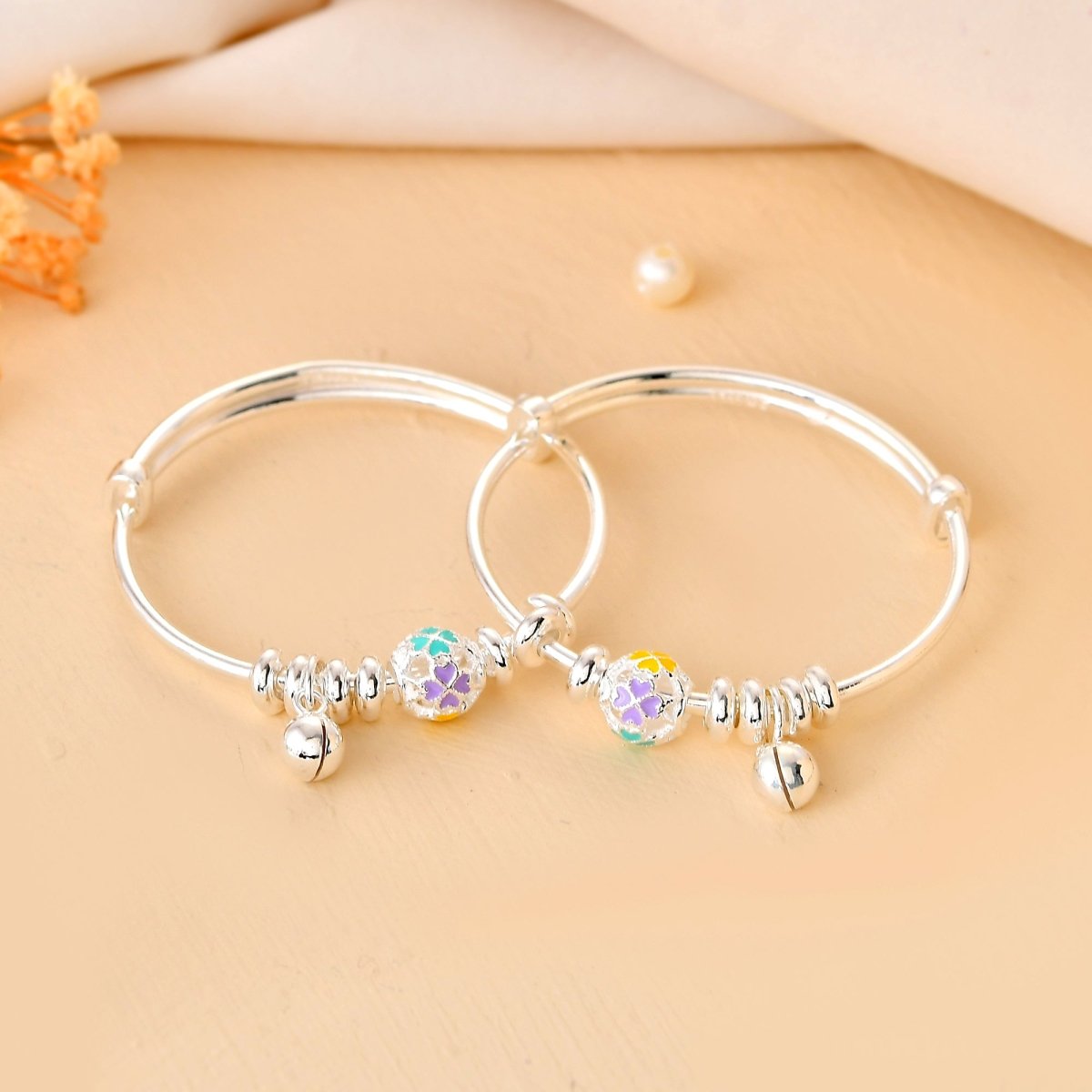 Pastel - Mosaic Jingle - Bell Sterling - Silver Baby Bangle Set | Adjustable Kada - Zirak Silver