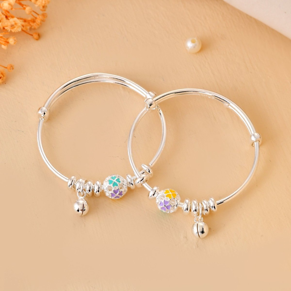 Pastel - Mosaic Jingle - Bell Sterling - Silver Baby Bangle Set | Adjustable Kada - Zirak Silver