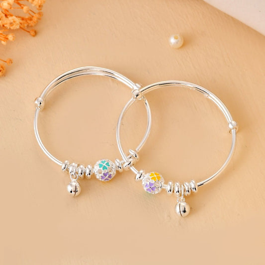 Pastel - Mosaic Jingle - Bell Sterling - Silver Baby Bangle Set | Adjustable Kada - Zirak Silver