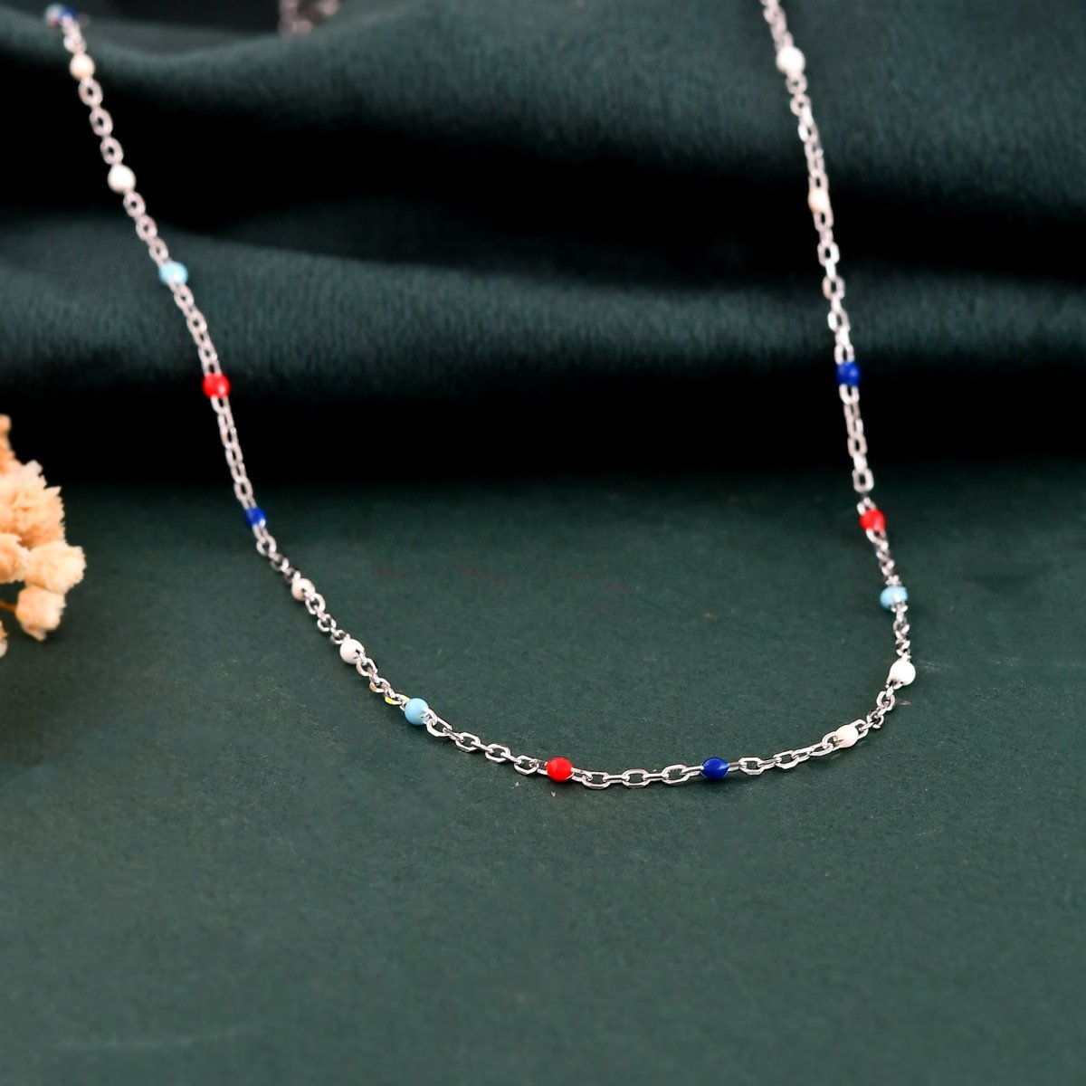 Patriotic Multicolor Seed - Bead Necklace | Sterling - Silver Dainty Red - White - Blue Chain - Zirak Silver