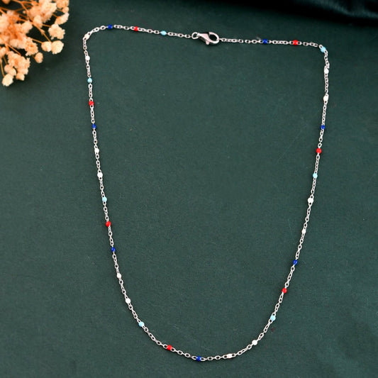 Patriotic Multicolor Seed - Bead Necklace | Sterling - Silver Dainty Red - White - Blue Chain - Zirak Silver