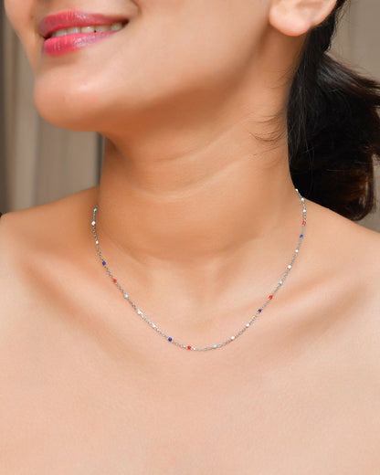 Patriotic Multicolor Seed - Bead Necklace | Sterling - Silver Dainty Red - White - Blue Chain - Zirak Silver