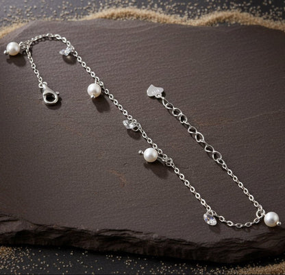 Pearl & CZ Charm 925 Silver Adjustable Bracelet - Zirak Silver